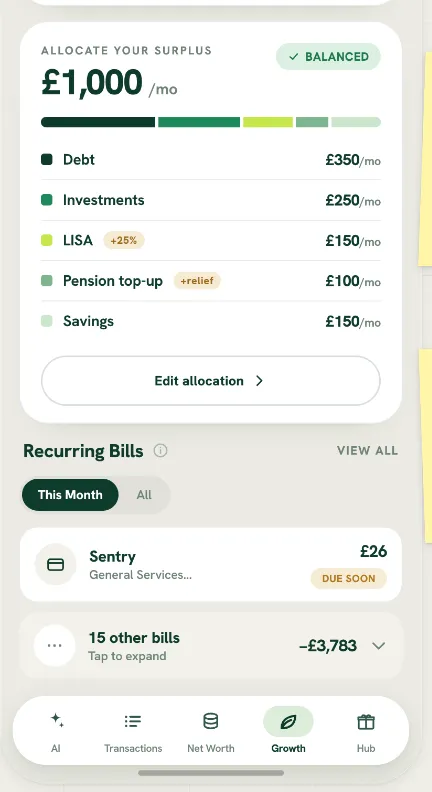 Allocation example showing £1,000 per month divided into debt £350, investments £250, LISA £150, pension top-up £100 and savings £150, above recurring bills.